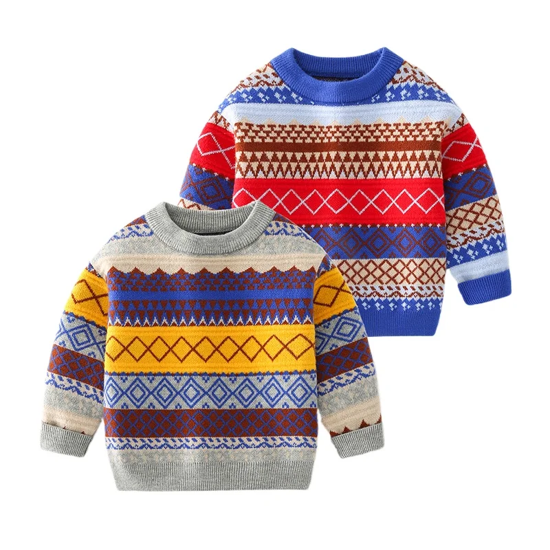 Boys' Casual Color Block Striped Print Long Sleeve Sweater Spring/Autumn New Stylish Crew Neck Knitted Pullover 2-7 Years Old