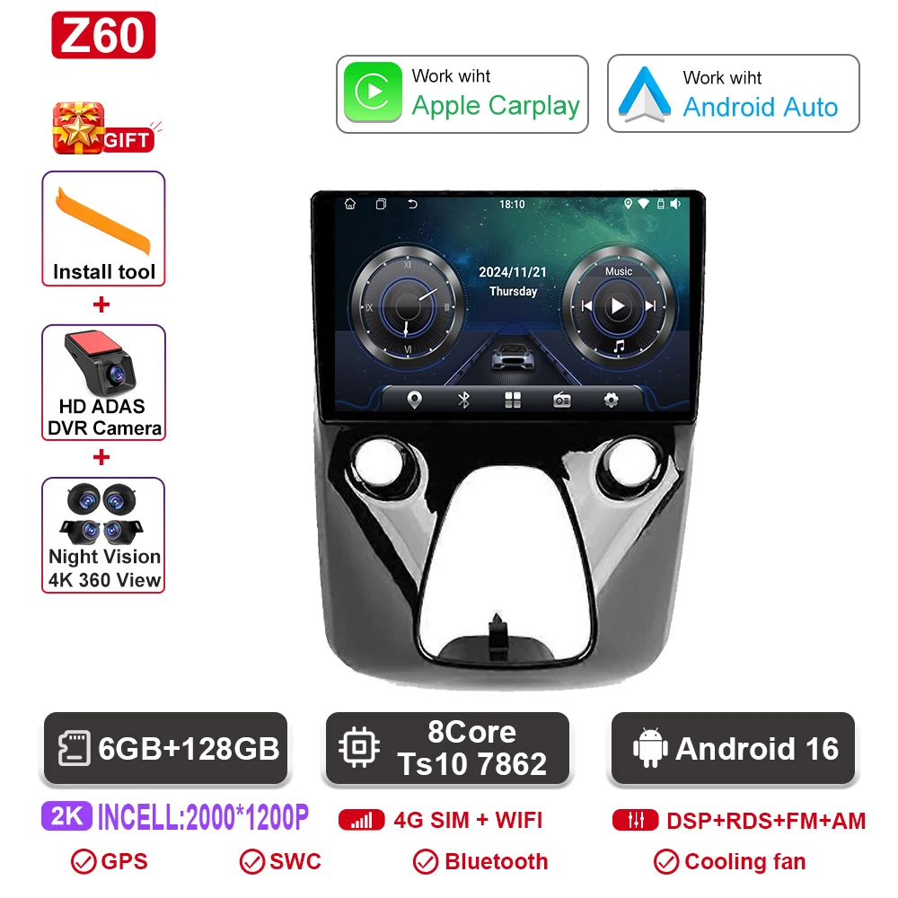 Autoradio Android navigatie GPS Android Auto stereo Carplay scherm No2 DIN DOM voor Toyota Aygo Peugeot 108 Citroen C1 2016-2020