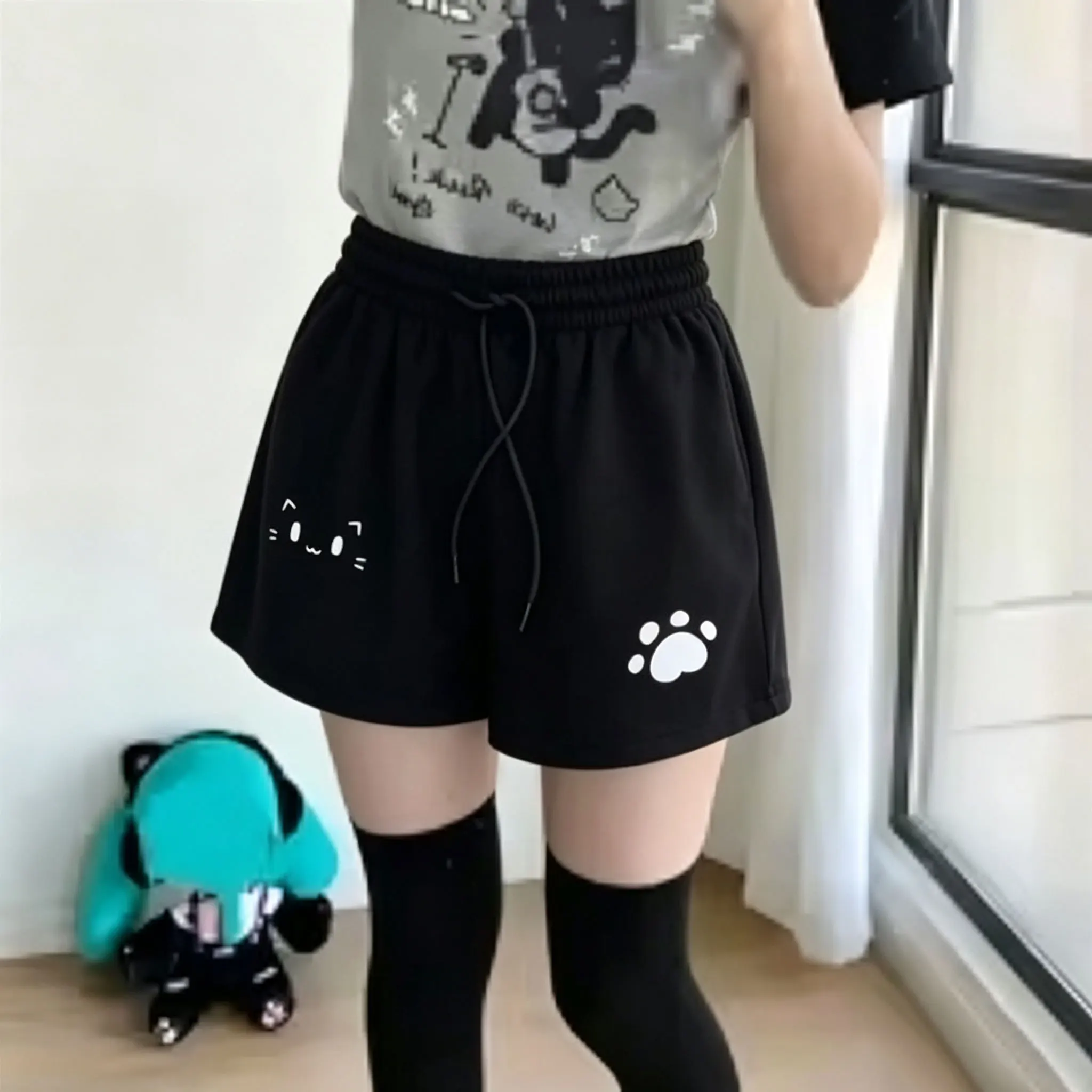 Women Print Cute Cotton Shorts Pantalones Kawaii Loose Casual Cutecore Bottoms Fashion Elastic Waist Summer Wide Leg Short Pants