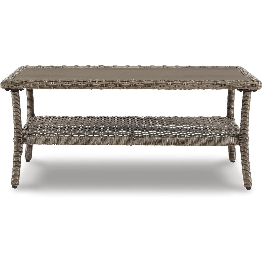 Clear Ridge Outdoor Vime Coffee Table, Rust Free Aluminum Base, Castanho Claro