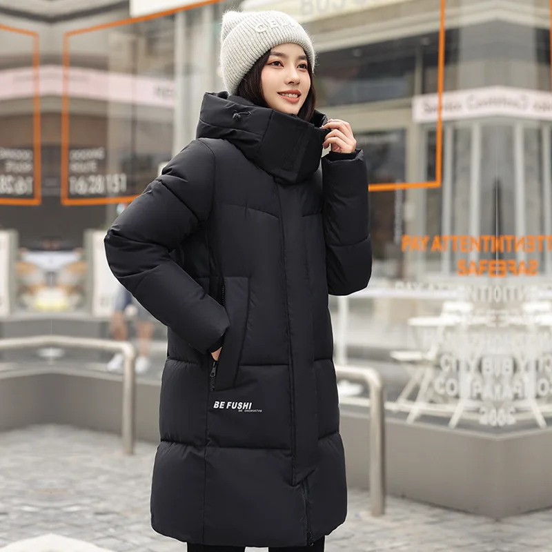 Down Cotton Parkas Women Mid Length 2024 Winter Solid Fashion Loose Warm Puffer Jacket Hooded Long Snow Coat Windproof Plus Size