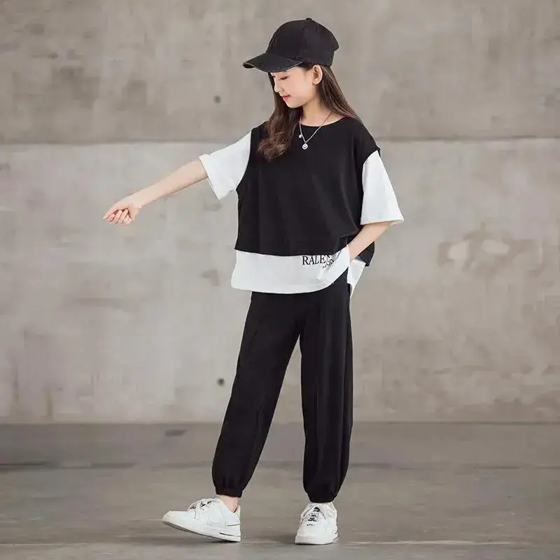 2PCS 2024 autumn teens Girls Clothes Sets Outfits Kids Short Sleeve T-shirt + ankle-tied Pants Child tracksuit 6 8 10 12 14 Year