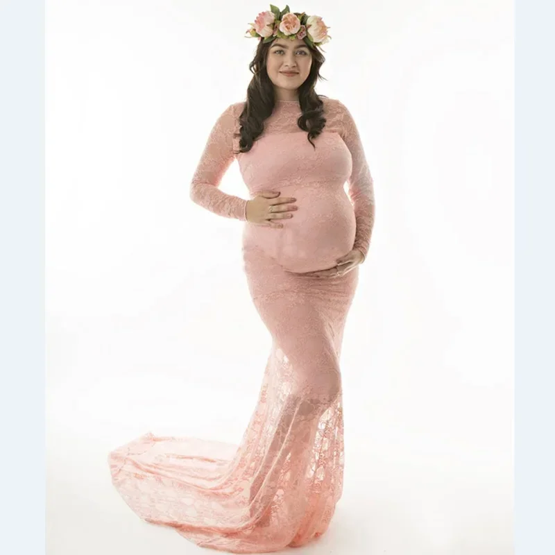 

Newest Maternity Dress Photo Shoot Maxi Gown Tail Long Sleeved Dress Lace Gown Maternity Photography Props