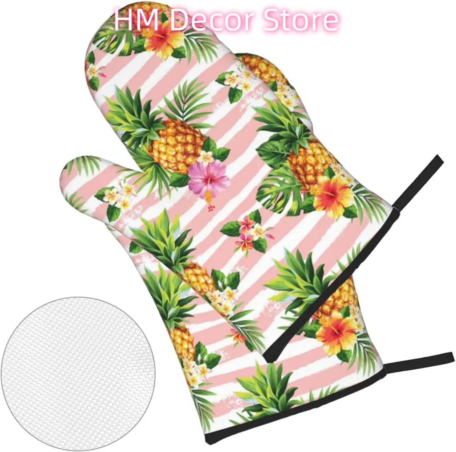 Palm Leaves Pineapple Oven Mitts and Pot Holders Sets of 4, Cooking Gloves Non-Slip Heat Resistant Polyester Summer Country Styl