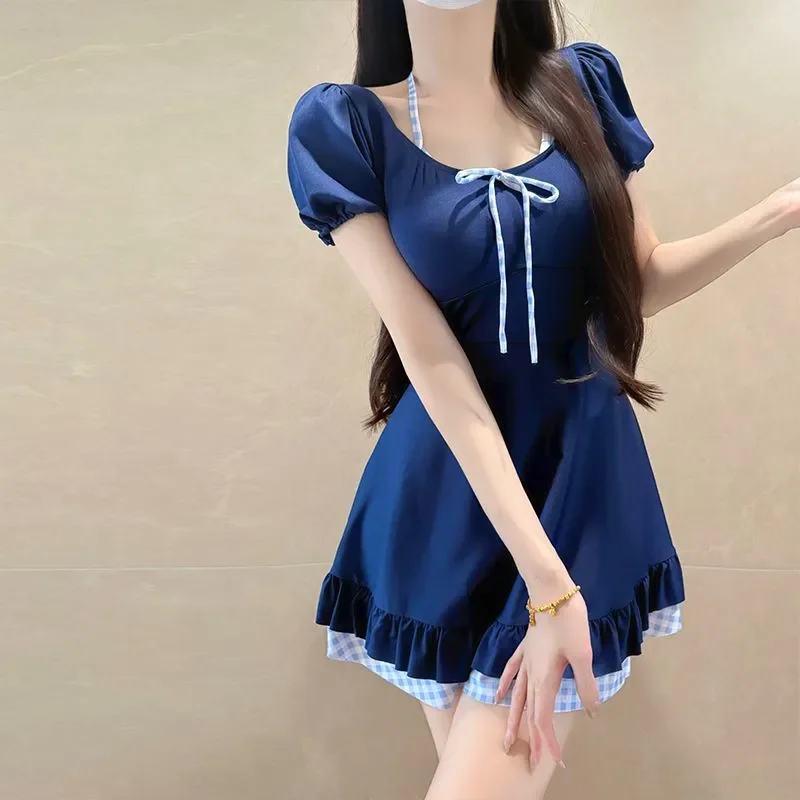 

Women's Japanese Style Gingham Patchwork Puff Sleeve One-piece Skirted Swimsuit Modest Plus Size