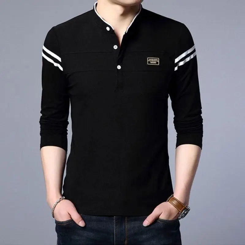 2024 New Spring and Autumn Leisure Business Fashion Korean Edition Stand Up Collar Color Block Slim Fit Long Sleeved Polo Shirt