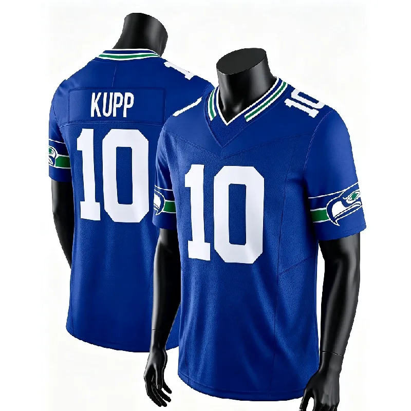 Männer Seattle # 10 Kupp Navy Heimtrikot mit Name und Nummer, V-Ausschnitt, Kurzarm, atmungsaktiv, für Sportfans, Alltagskleidung, Familien-Set – Detail 6