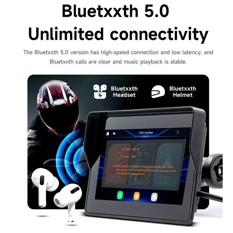 X39A-휴대용 무선 오토바이 Carplay 화면 5" 터치스크린 멀티미디어 플레이어 오토바이 네비게이션 시스템