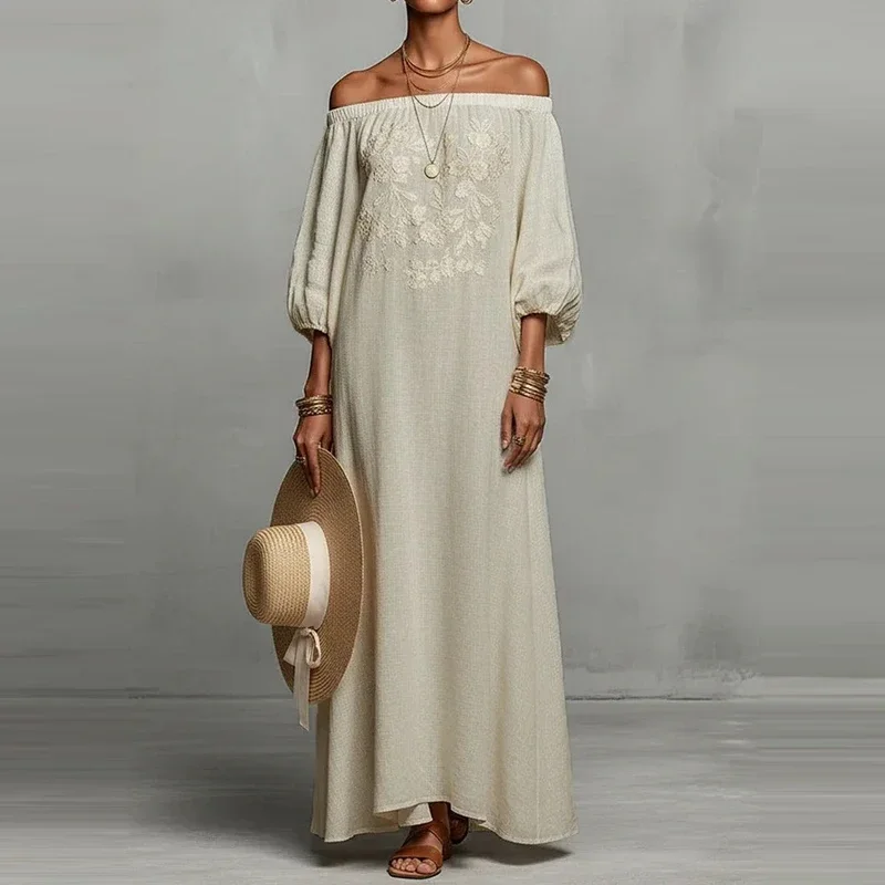 Summer New Women Half Sleeve Loose Robes Temperament High Waist Simple Vacation Dresses Vintage One-shoulder Solid Pleated Dress