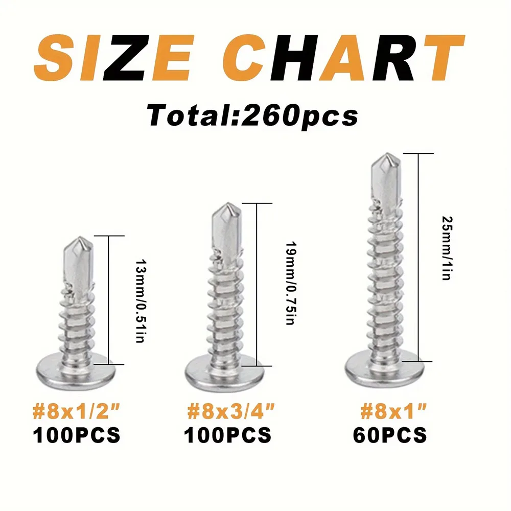 260pcs 410 Stainless Steel Self-tapping TEK Screw Set, #8 Crosshead Self-drilling Screw For Metal, Construction And Repair