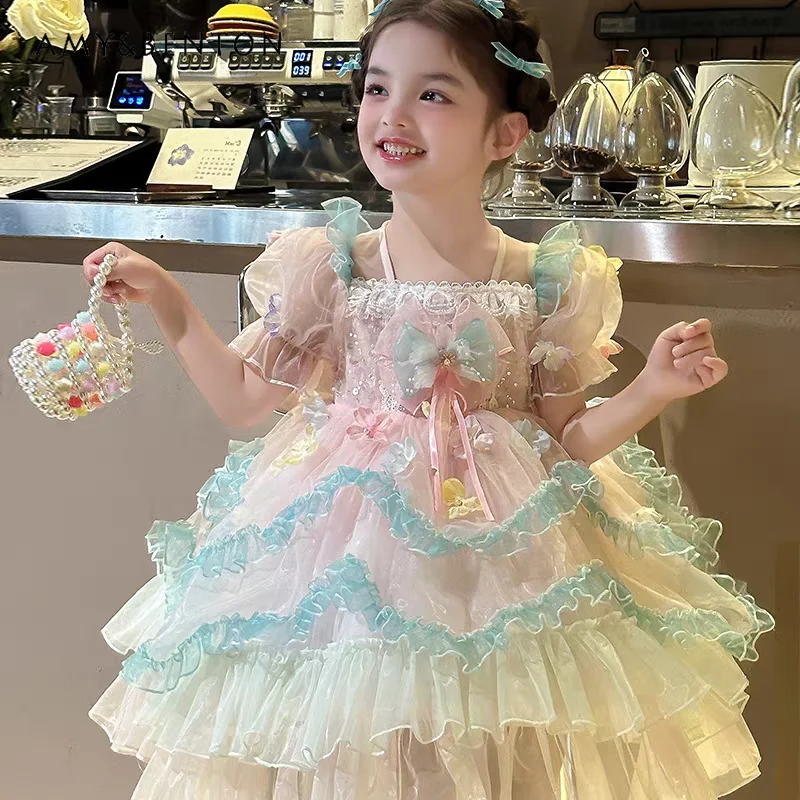 

2026 New Kids' Pastel Rainbow Tiered Tulle Lolita Dress Short-Sleeve Princess Gown for Girl’s Summer Birthdays and Photoshoots