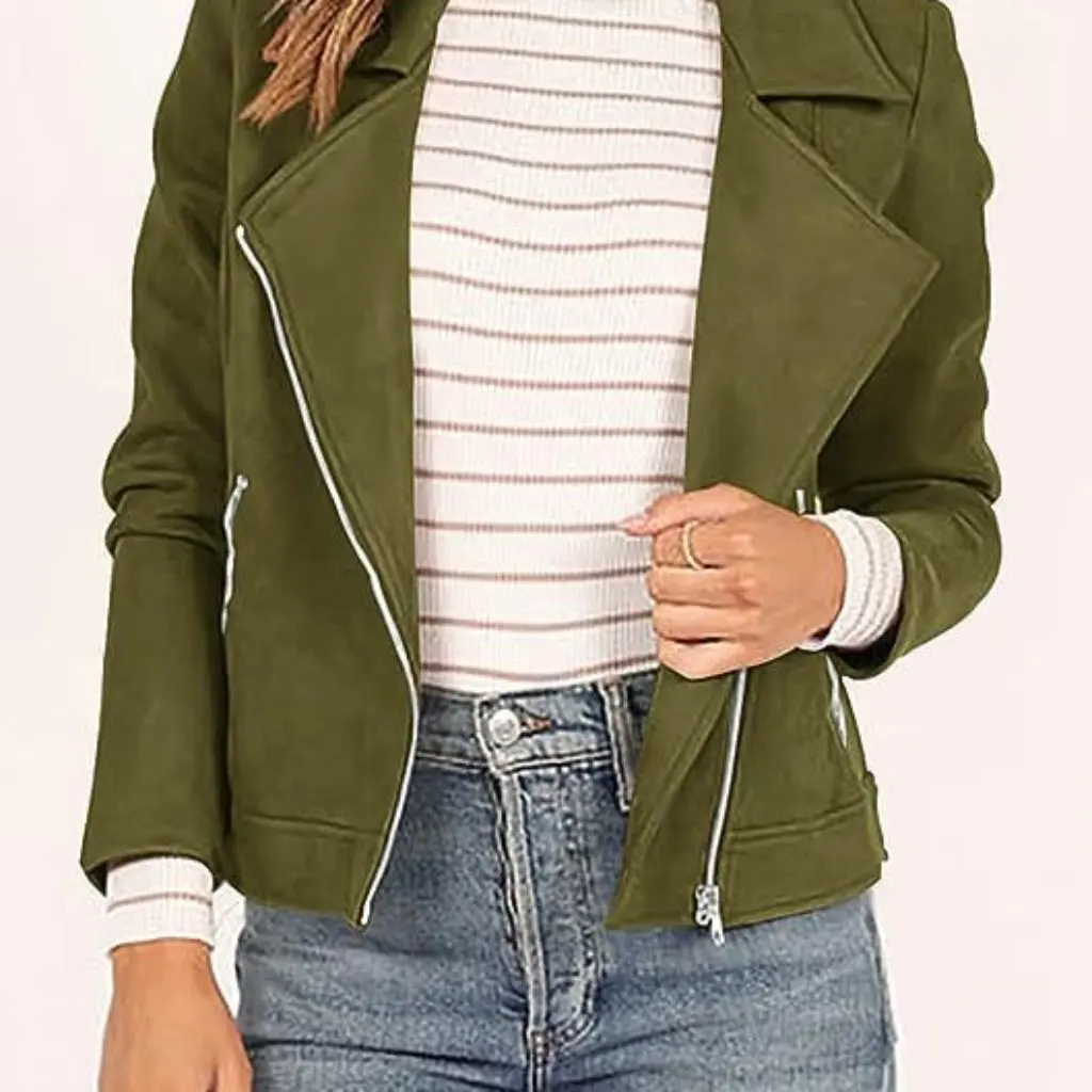 

Autumn Winter Fashion Imitation Deerskin Motorcycle Jacket Women's Short Coat Solid Color Zipper Pocket European American Style