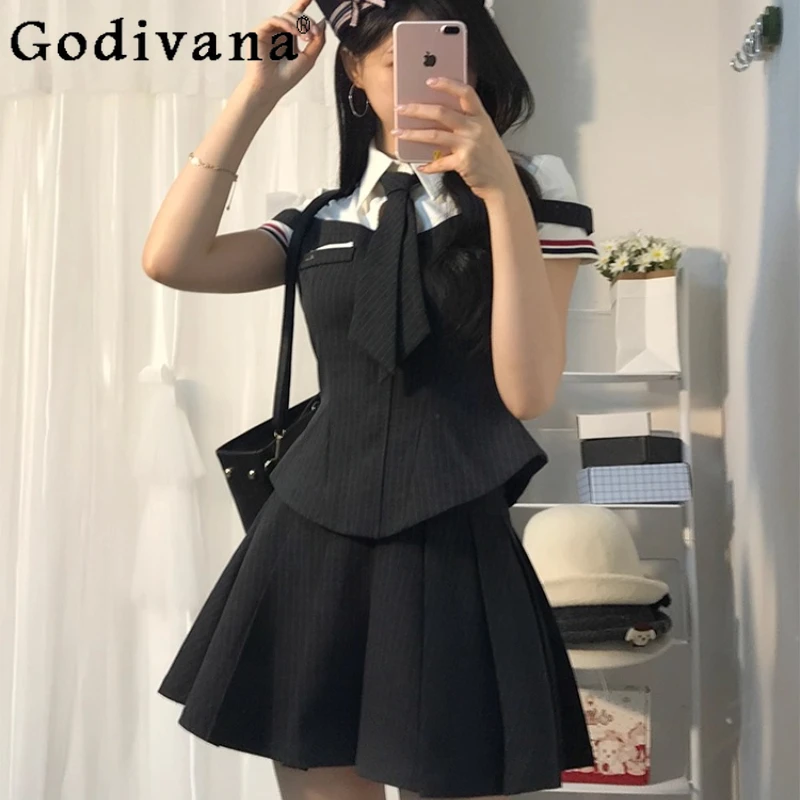 

College Style Black Suit Women Summer Striped Fake Two Piece Patchwork Shirt Pleated Mini Skirt Outfits Female Lolita Set