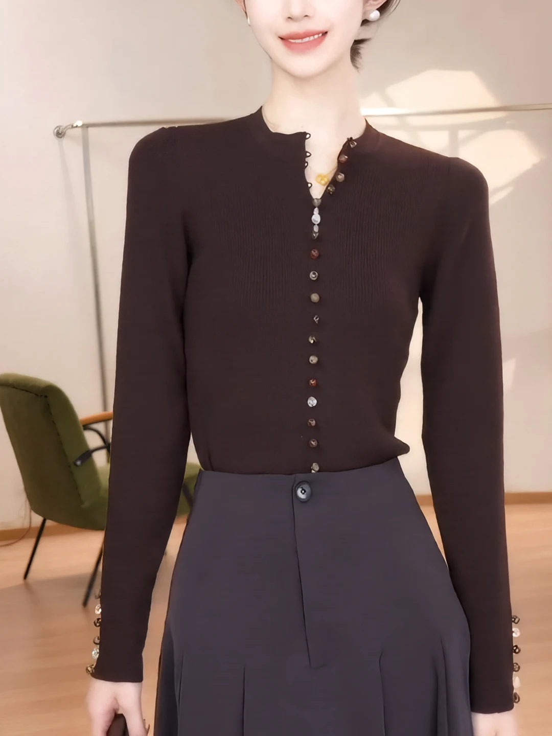 

Женский свитер Ele Coffee Colored Long Sleeve Knitwear с асимметричной застежкой на пуговицах, осенне-зимняя новинка