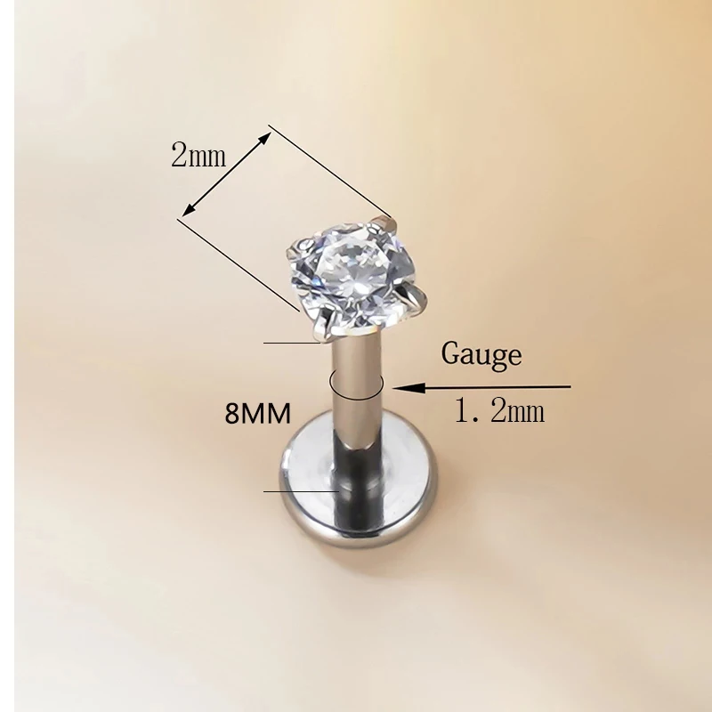ASTM F136 Ttianium PIERC Labret Ear Lip Stud Jewelry Square CZ Stone Cartilage Tragus Earring Tongue studs Threaded Body Jewelry