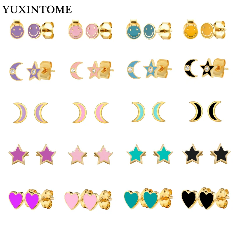 

925 Sterling Silver Ear Needle Enamel Small Studs stars/hearts/moon cute girl gifts exquisite metal fashion earrings accessories