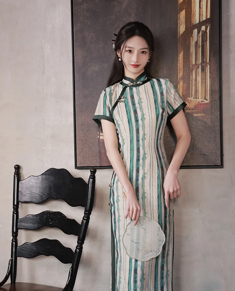 Women Short Sleeve Button Cheongsam Chinese Traditional Slim Costume Long Cotton Linen Qipao