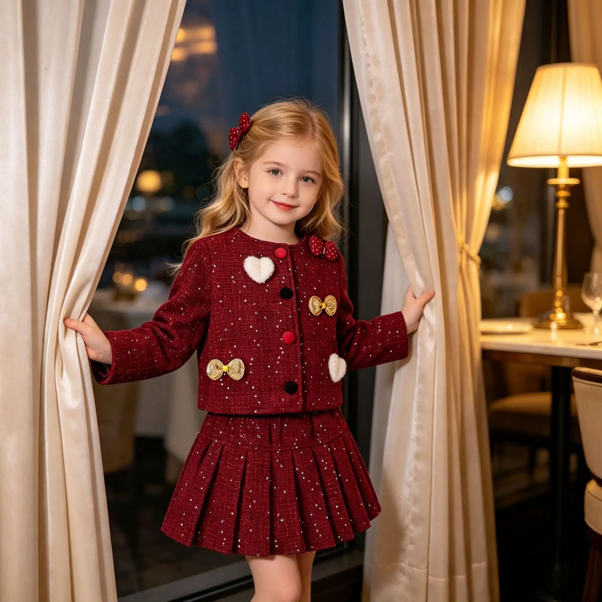 Little Girl Tweed 2‑Piece Outfit Elegant Red Coat Pleated Skirt Set Kids Autumn Winter Party Princess Formal Clothing 90‑130cm