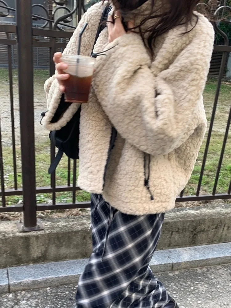 الكورية Sle فضفاضة تناسب فرو الضأن Jaet المرأة شتاء جديد صغير الحجم العصرية الوقوف طوق Dstring ملابس خارجية دافئة #3