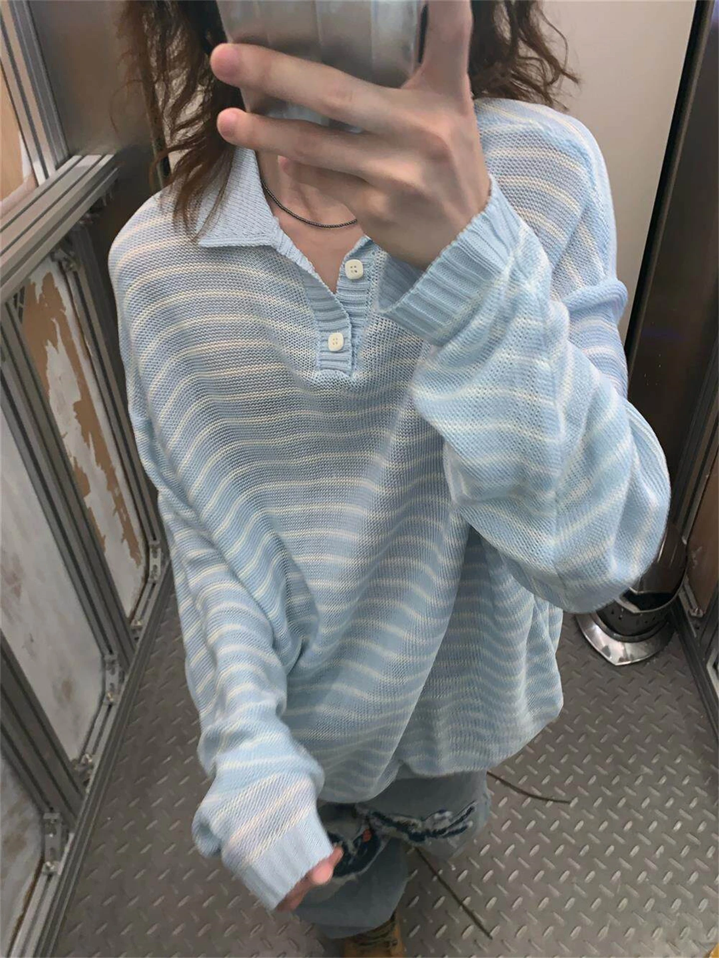 Light Blue Long Sleeve Knitted  Shirt Men Women Spring Summer Breathable Loose Striped Cover up T-Shirt Clean Fit Style