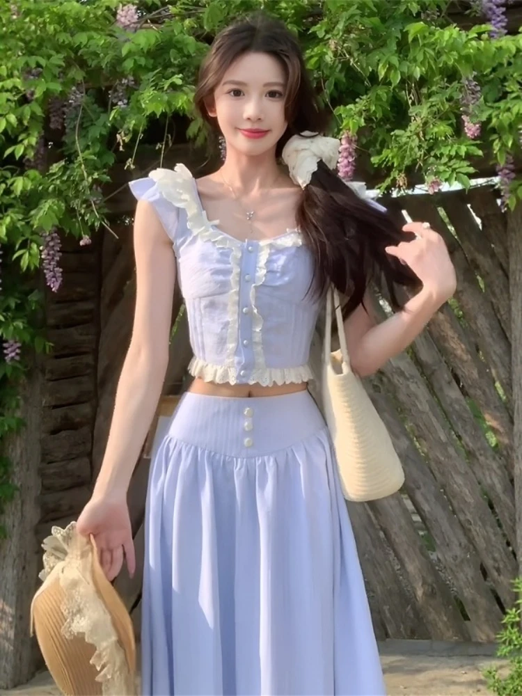 

Korean style women summer set sweet age reducing mushroom edge small fly sleeves blue shirt half skirt two-piece set