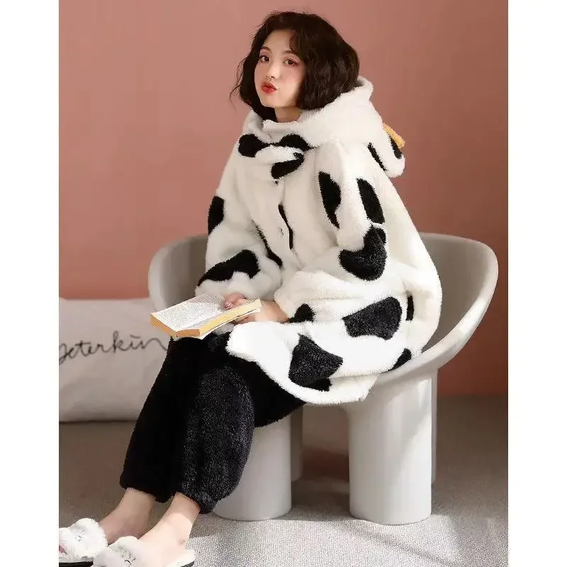 Female Cartoon Cow Thick Hooded Nightgown Kawaii Women Winter Robes Home Clothes Flannel Sleepwear Girls Animal Fleece Pajamas