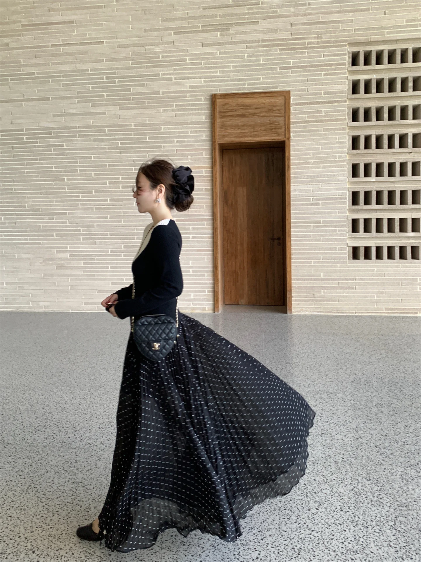 

Wang's Spring 2026 Bla Polka Dot A-Line Pleated Skirt Women's Casual High Waist Polyester Fiber Skirts