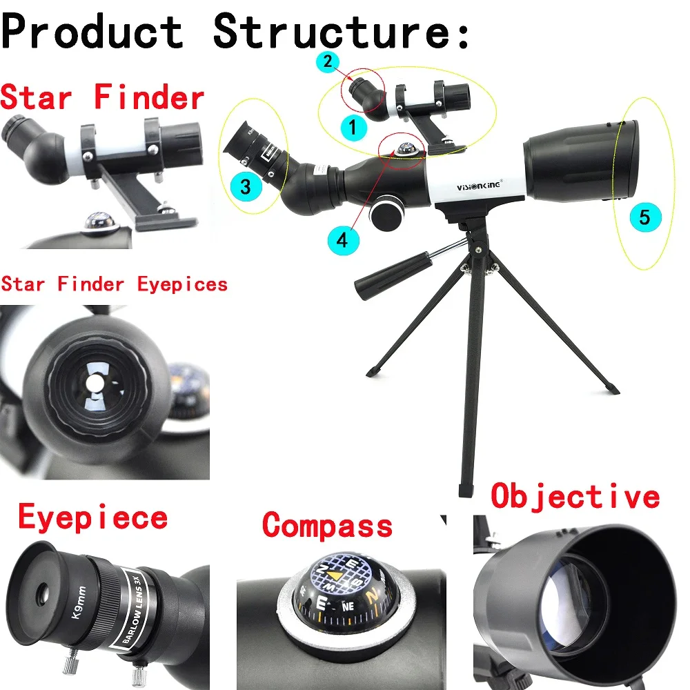 Visionking 50350CF 120X telescopio astronomico rifrattore professionale monoculare portatile con bussola osservazione stella campeggio