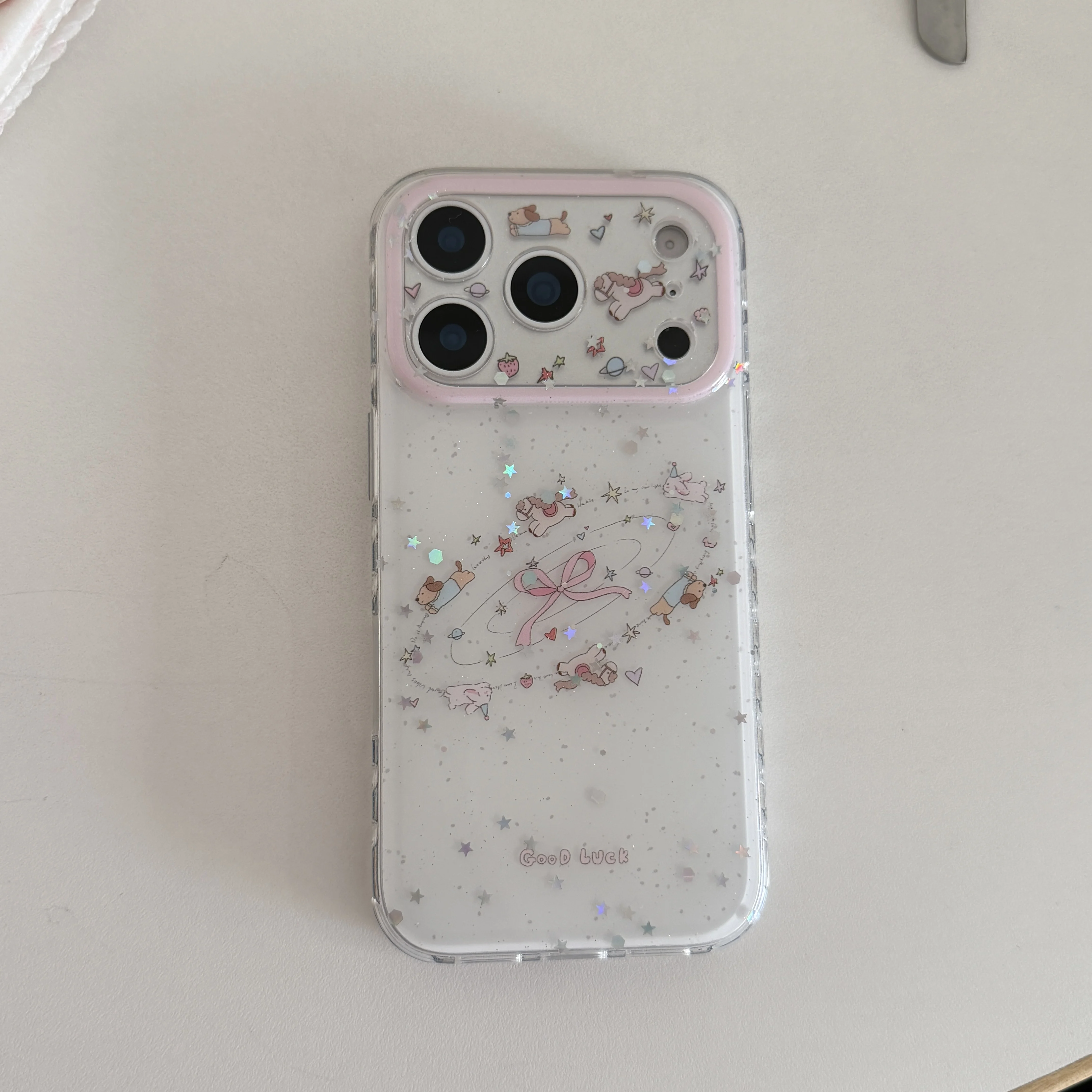 Sternenhimmel Mini-Pferd & Schleifenmuster Rosa Kamera-Rahmen Handyhülle für iPhone 17 16 15 14 13 Pro Max Rückseiten-Handycover Capa