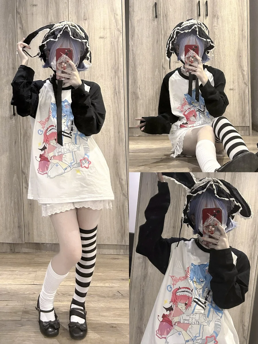 Original Printed Raglan Long-Sleeve T-shirt 2024 New Spring Summer Japanese Asian Culture Student Loose Tee Y2K Tops