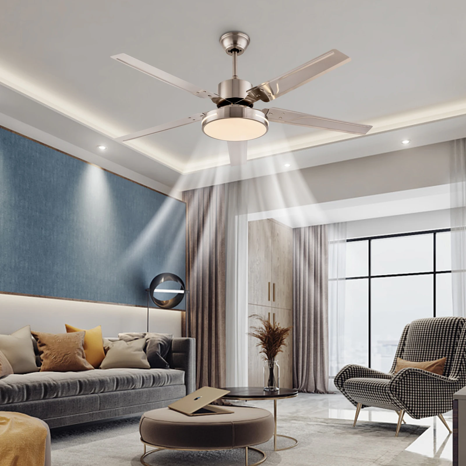 48inch Ceiling Fan Light 4 Blades Fan Dimmable Lamp with Remote Control , 3 Speed 3 Light Bedroom Indoor Chandelier