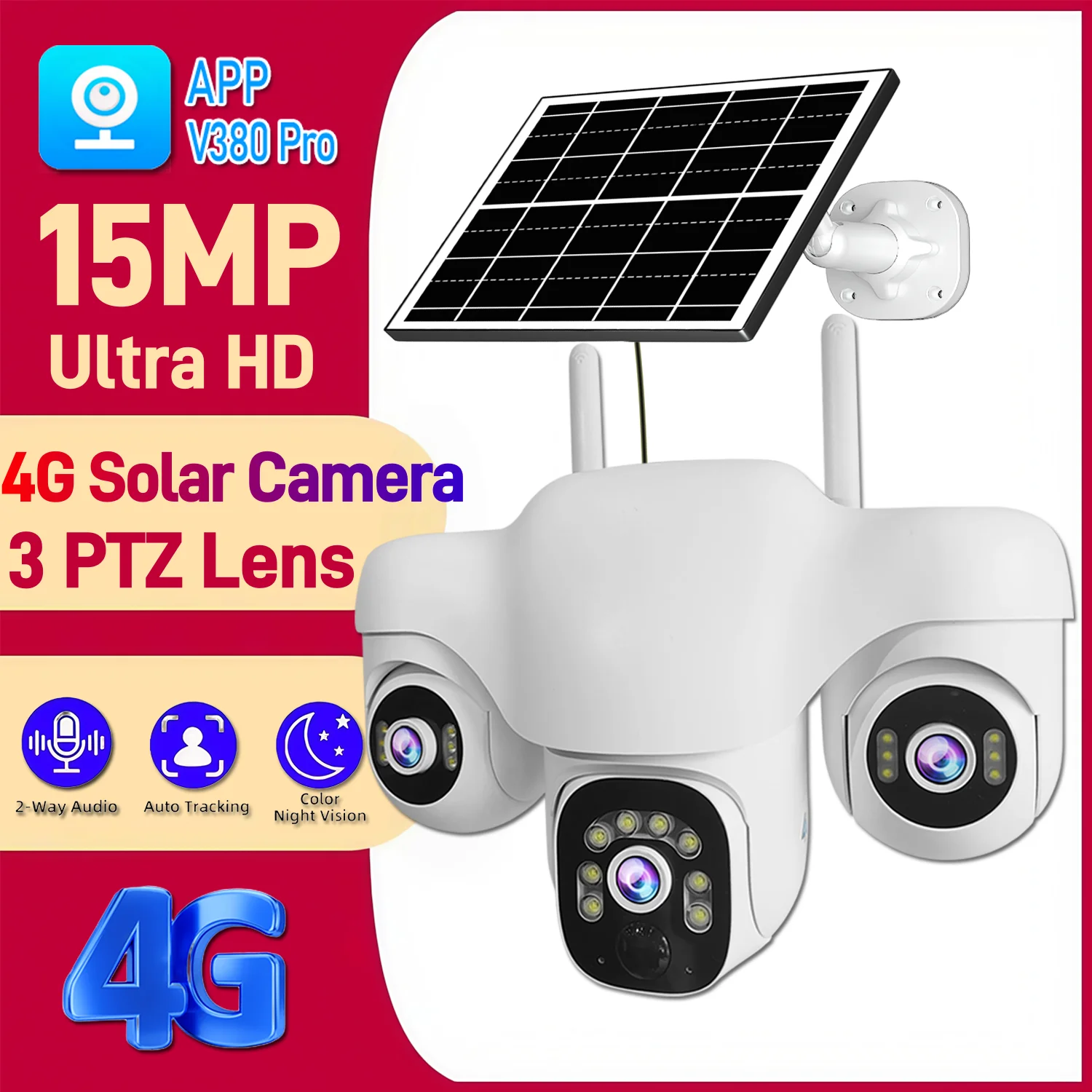 

4G Solar Camera Outdoor Triple Lens 15MP HD PTZ IP Security Camera with Solar Panel CCTV Built-in Battery Auto Tracking Camera