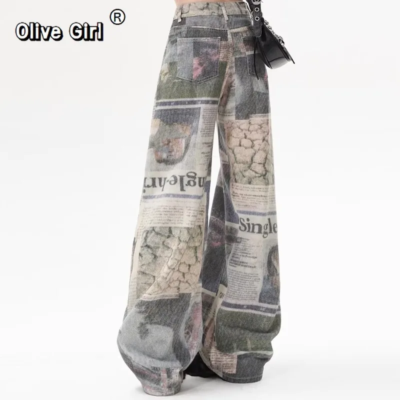 Olivegirl Women's Denim Pants Print Grunge Y2K Baggy Jeans Harajuku Cowboy Mom Jeans Japanese Wide Fit High Quality Low Rise