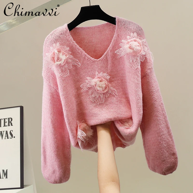 Suéter de flores 3D pesado de moda coreana Otoño e Invierno nueva dulce chica suelta elegante jersey de manga larga Top de punto