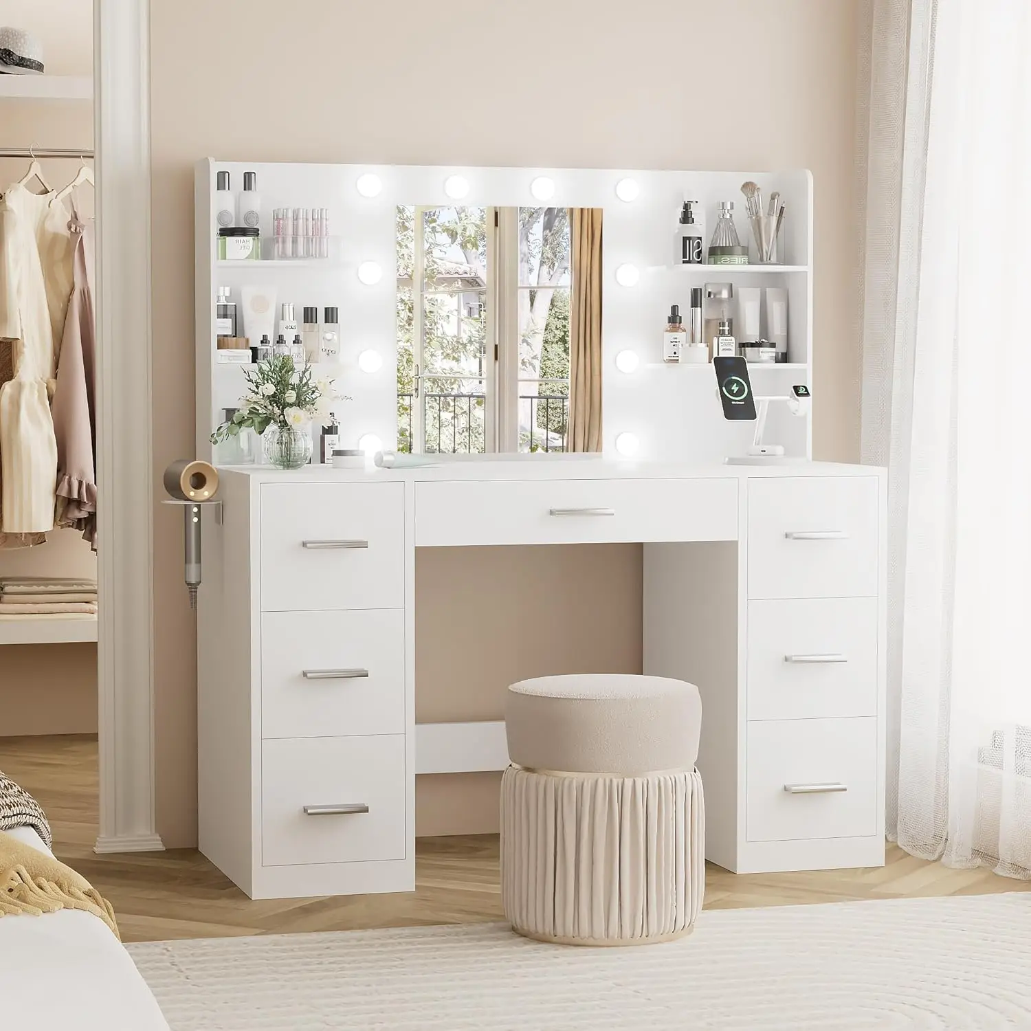 White Vanity Desk with Mirror, Power Outlet & 10 Lights, 7 Drawers, 3 Color Modes for Bedroom, Customized