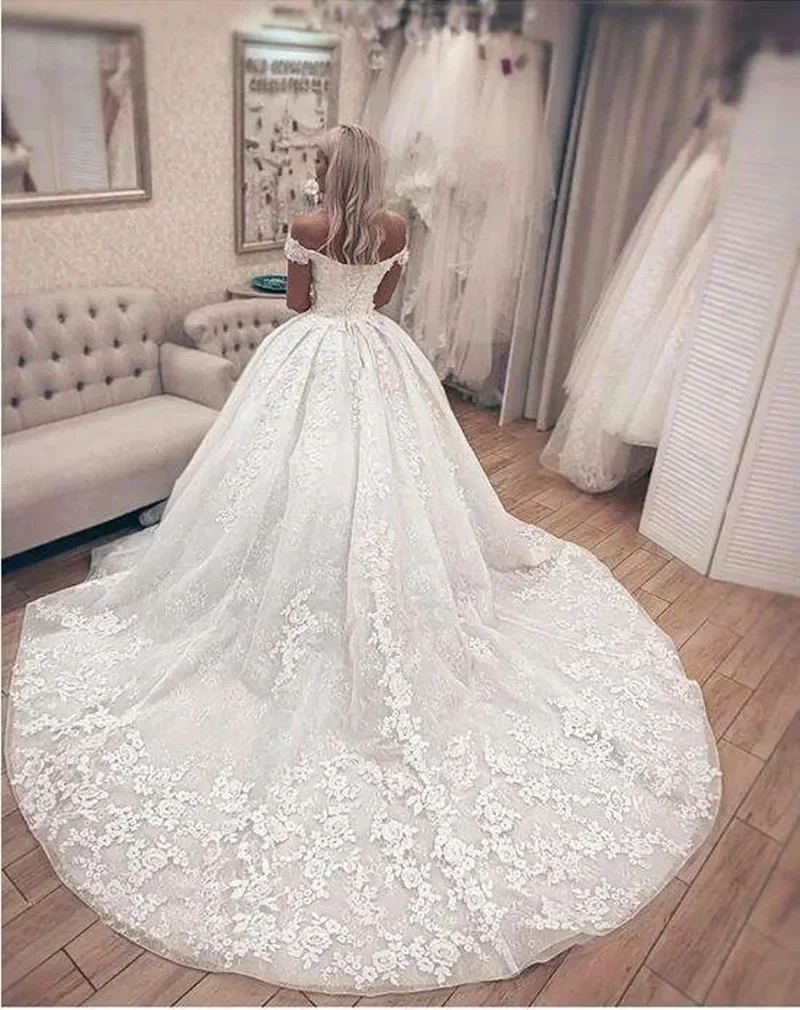 Personalizado fora do ombro rendas apliques vestidos de casamento do vintage vestido de novia espartilho volta plus size vestido de noiva