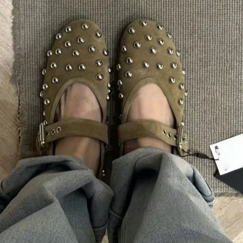 Studded Mary Jane Flats Women Suede Round Toe Buckle Strap Ballet Shoes Brown Punk Goth Casual Loafers Comfortable Ladies