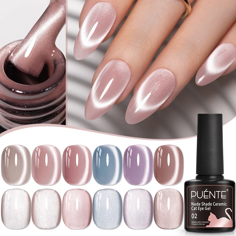 PUENTE 6pcs Nude Shade Ceramic Cat Eye Gel Nail Polish With Magnet Set, Alcohol-Free, Smooth & Shiny Finish, Perfect For All Season, UV/LED Lamp Curable Nail Varnish, Long-Lasting Wear, High Quality For Salon & Home Use