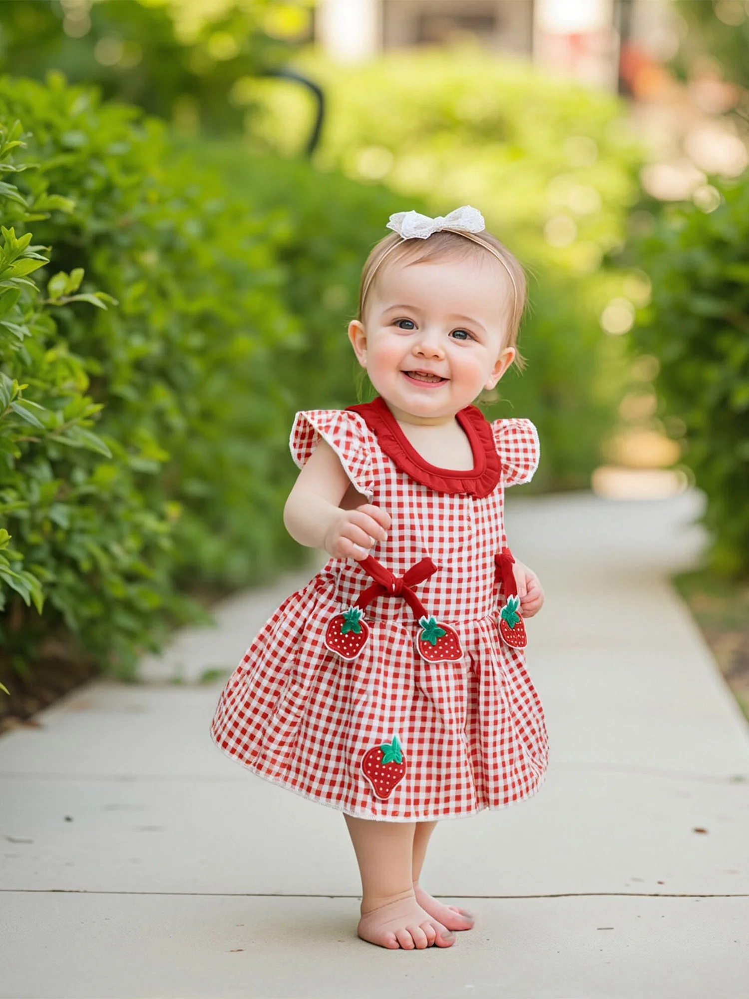 Abito da bambina con maniche a volant con stampa floreale e dettaglio fiocco per la festa di matrimonio estiva sulla spiaggia e il servizio fotografico di famiglia