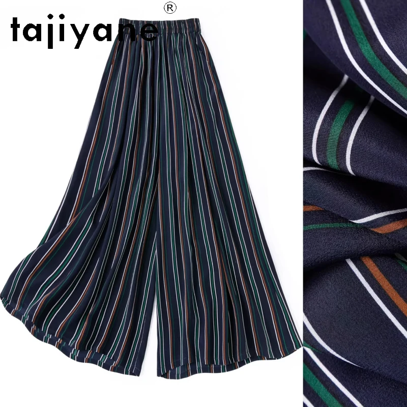 

Женские брюки TAJIYANE из 100% шелка тутового шелкопряда, темно-синие в полоску, свободные, повседневные, летние, широкие брюки, женская одежда 2026