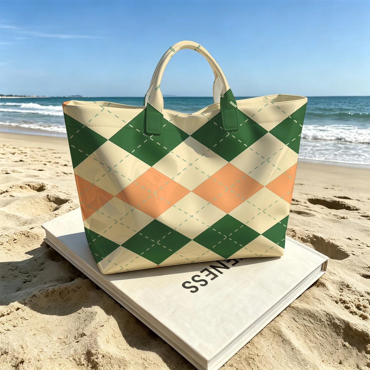 Argyle Check Fashion Large Glossy PVC Tote Bag Hand Washable Waterproof Perfect Travel Commute Cosmetic Storage Shopper