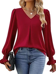 Women's Wine Red Simple V-Neck Long Sleeve Blouse Office Lady Elegant Work Wear Shirt Tops