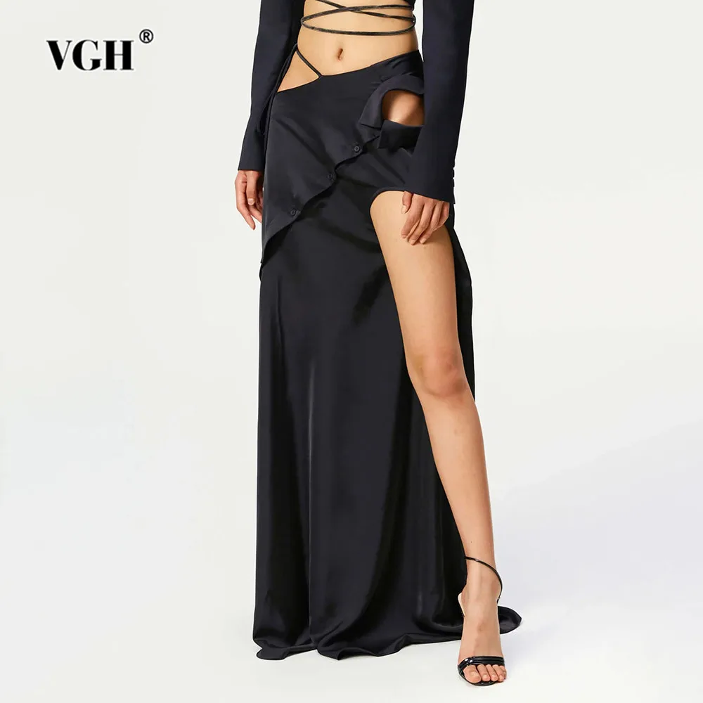 

VGH Sexy Hollow Out Patchwork Button Skirts For Women High Waist Spliced Lace Up Streetwear Long Skirt Female Fashion Style New