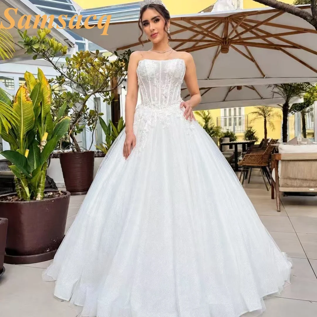 Custom Wedding Dress Luxury Sweetheart Strapless Bride Dress Lace Applique Beaded Tulle Princess Ball Gown Wedding Party Dress V