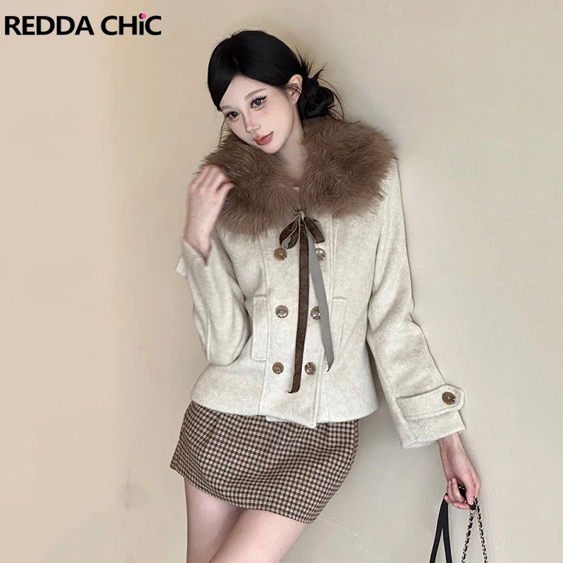 REDDACHiC Trendy Women 2-piece Matching Set Double Breasted Faux Fur Collar Overcoat Mini Plaid Skirt Cutecore Winter Clothes