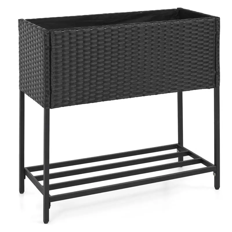 

Elevated Garden Planter with Rattan Finish Bottom Shelf-Black