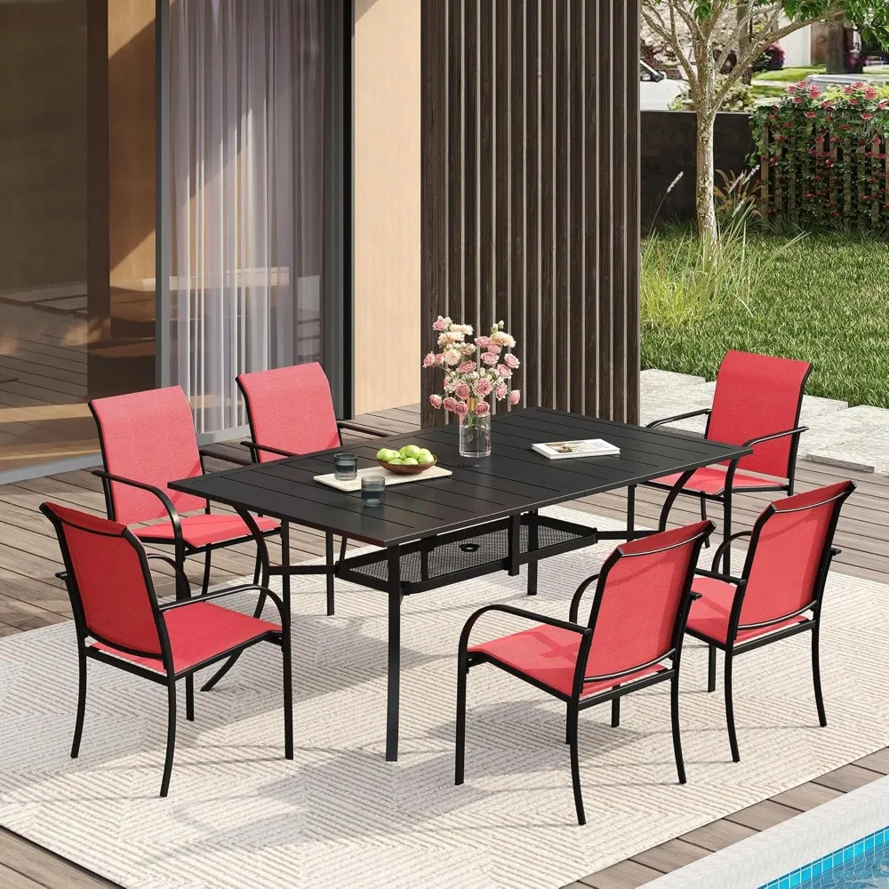 

Patio Dining Set for 6, Outdoor Furniture Set Includes 59" Rectangle Patio Table and 6 Patio Sling Chairs, Outdoor Table and Ch