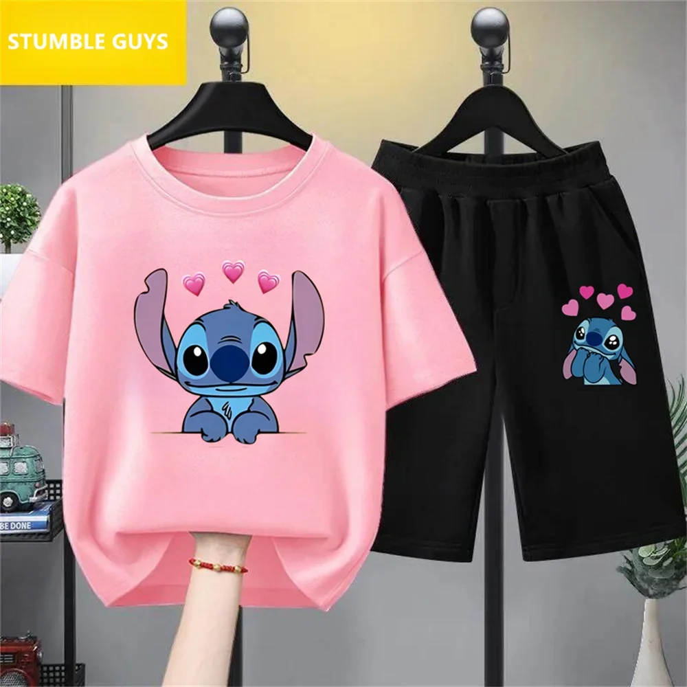 

2024, футболка Kawaii Lilo Stitch, детская одежда, летняя мода в стиле аниме, детские футболки, повседневный спортивный костюм с короткими рукавами для маленьких мальчиков
