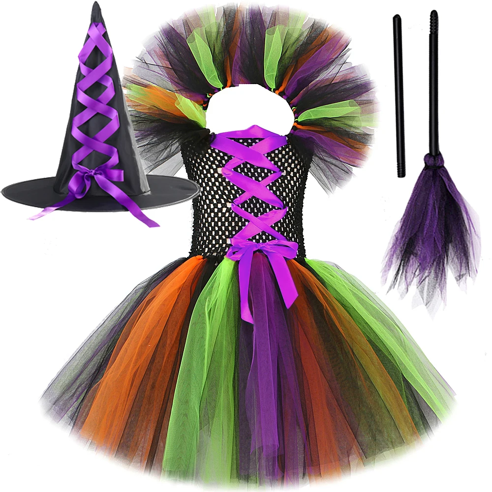 Halloween Witch Costume for Girls Carnival Party Tutu Dress with Witch Hat Magic Broom Children New Year Tutus Kids Fancy Outfit