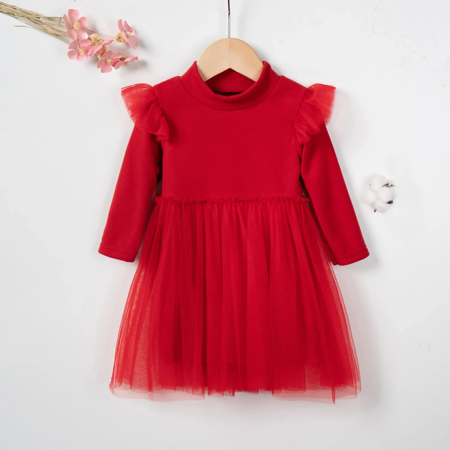 Toddler Girls Casual Dresses Long Sleeve Solid Princess Dresses Girls Mesh Splicing Dresses 0-4Y Kids Clothing Spring & Autumn